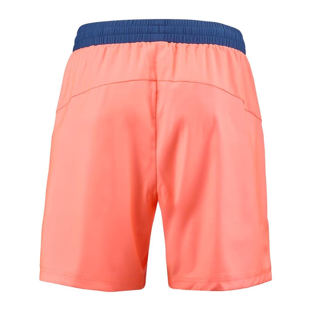 Rear view of the Babolat Play Men's Tennis Shorts in Fluo Strike with an Estate Blue elastic waistband, incorporating Fiberdry technology for superior comfort and a 360 Motion design for complete freedom of movement.