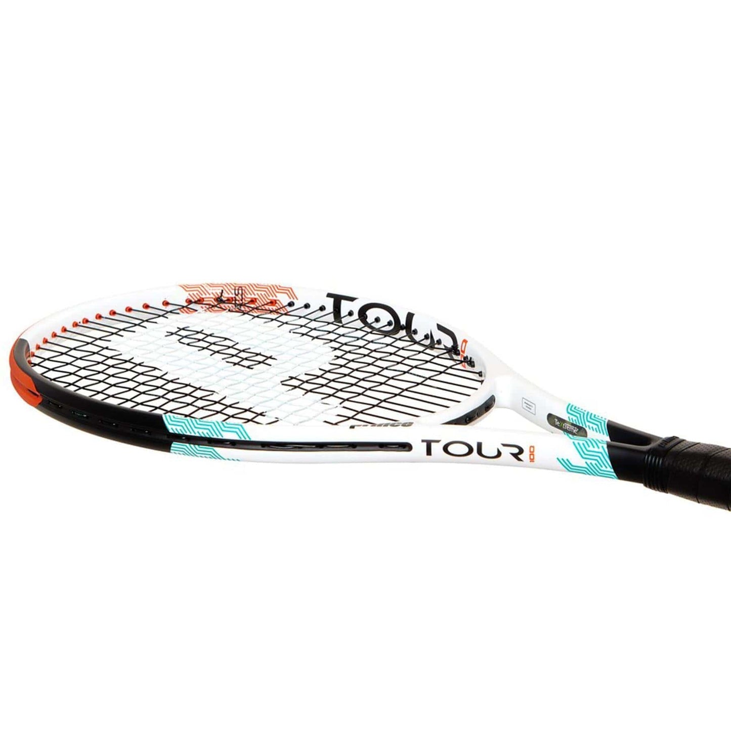 The Prince Tour 100 290g Tennis Racket boasts a white frame adorned with a black and turquoise geometric design, delivering outstanding control and feel. The Prince branding is prominently displayed on both the strings and the frame, while its handle is wrapped in a black grip to enhance power and precision.