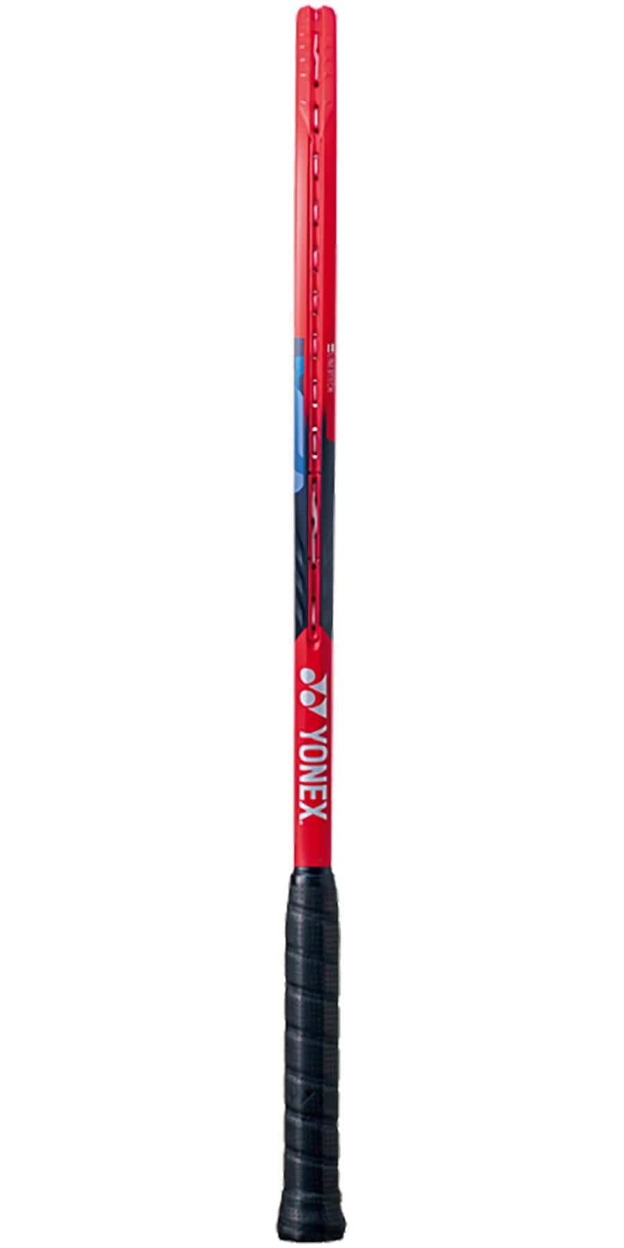 The Yonex VCORE 95 2023 Tennis Racket in Scarlet boasts a black grip and design accents, ideal for advanced-level players. The Yonex logo is prominently displayed on the shaft against a plain white background, emphasizing its sleek, modern design that enhances spin and speed with every swing.