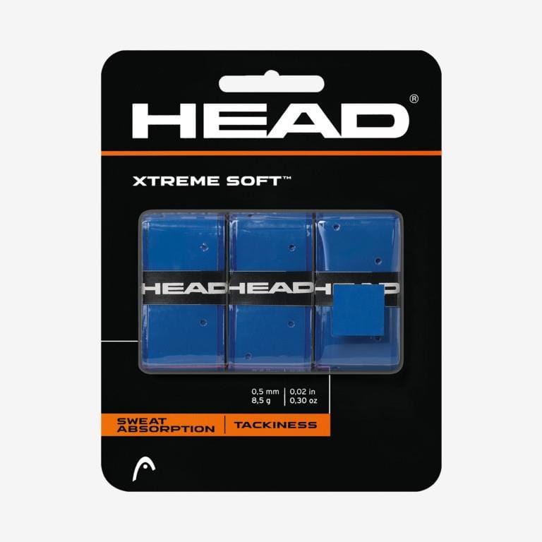 The HEAD Xtreme Soft Tennis Overgrip (3 Pack) - Blue features a sleek black and white package that contains three blue grips. Highlighted on the packaging is its superior sweat absorption and tackiness, establishing it as an ideal Tacky Overgrip for players in need of reliability.