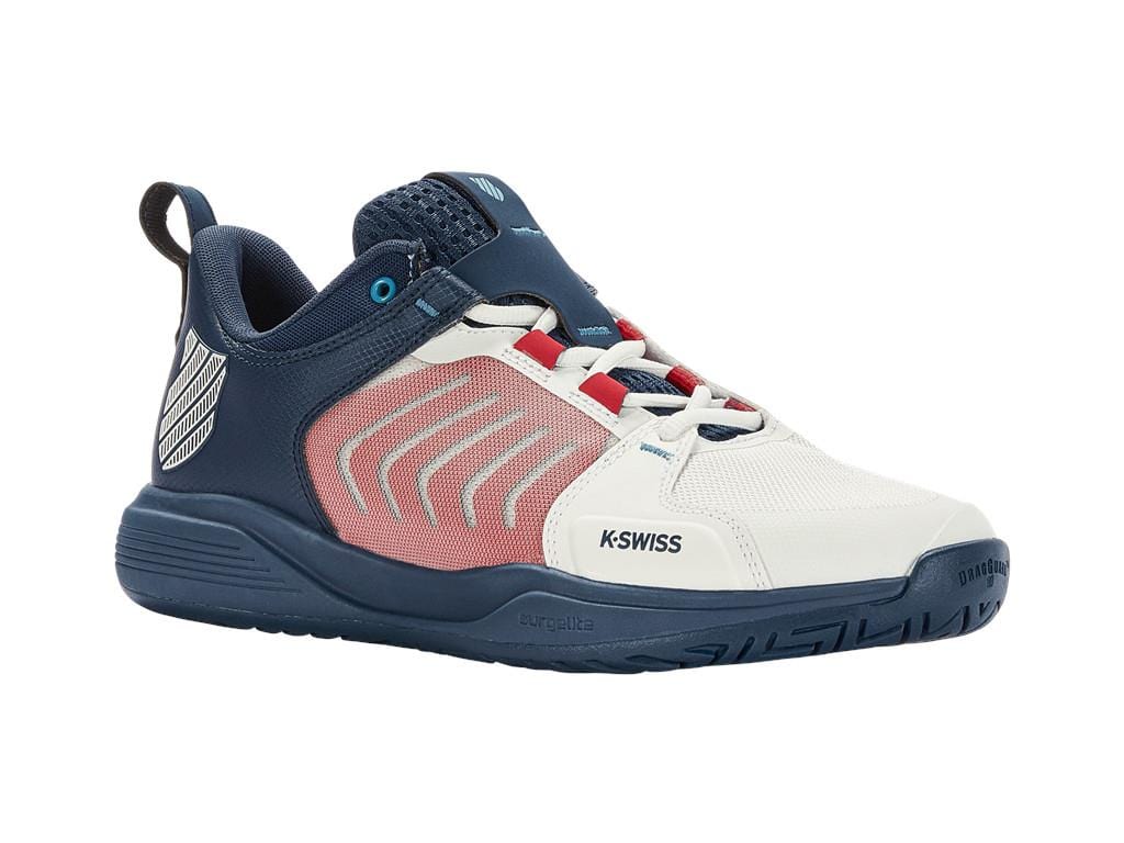 The K-Swiss Ultrashot Team Men's Tennis Shoes boast a sleek design in white, Blue Opal, and Lollipop colors, featuring a textured sole and the signature brand name on the side. Made from a combination of mesh and synthetic materials with blue laces, these tennis shoes provide both style and functionality.