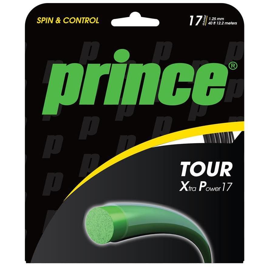 The packaging of the Prince Tour XP Black String Set by Prince features a sleek design with a green logo and text. The black background highlights "Spin & Control" and provides details of "1.25 mm / 40 ft / 12.2 meters" for optimized tension control with durable polyester strings to enhance power.
