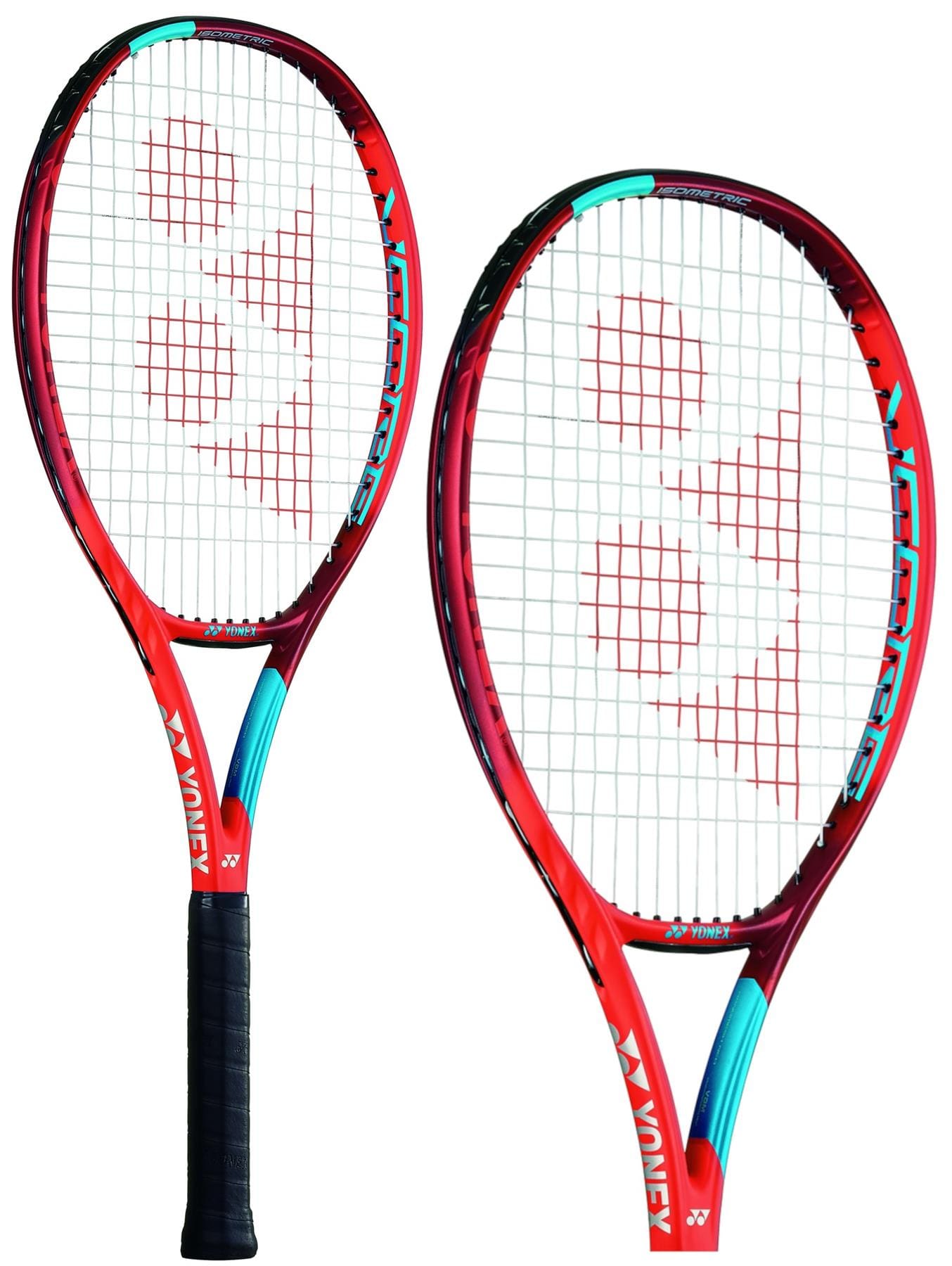 A pair of Yonex VCORE Feel Tennis Rackets in Tango Red, featuring black grips, are shown against a white backdrop. The rackets display a unique logo on the strings and branding on the frames, utilizing Spin Technology to enhance gameplay.