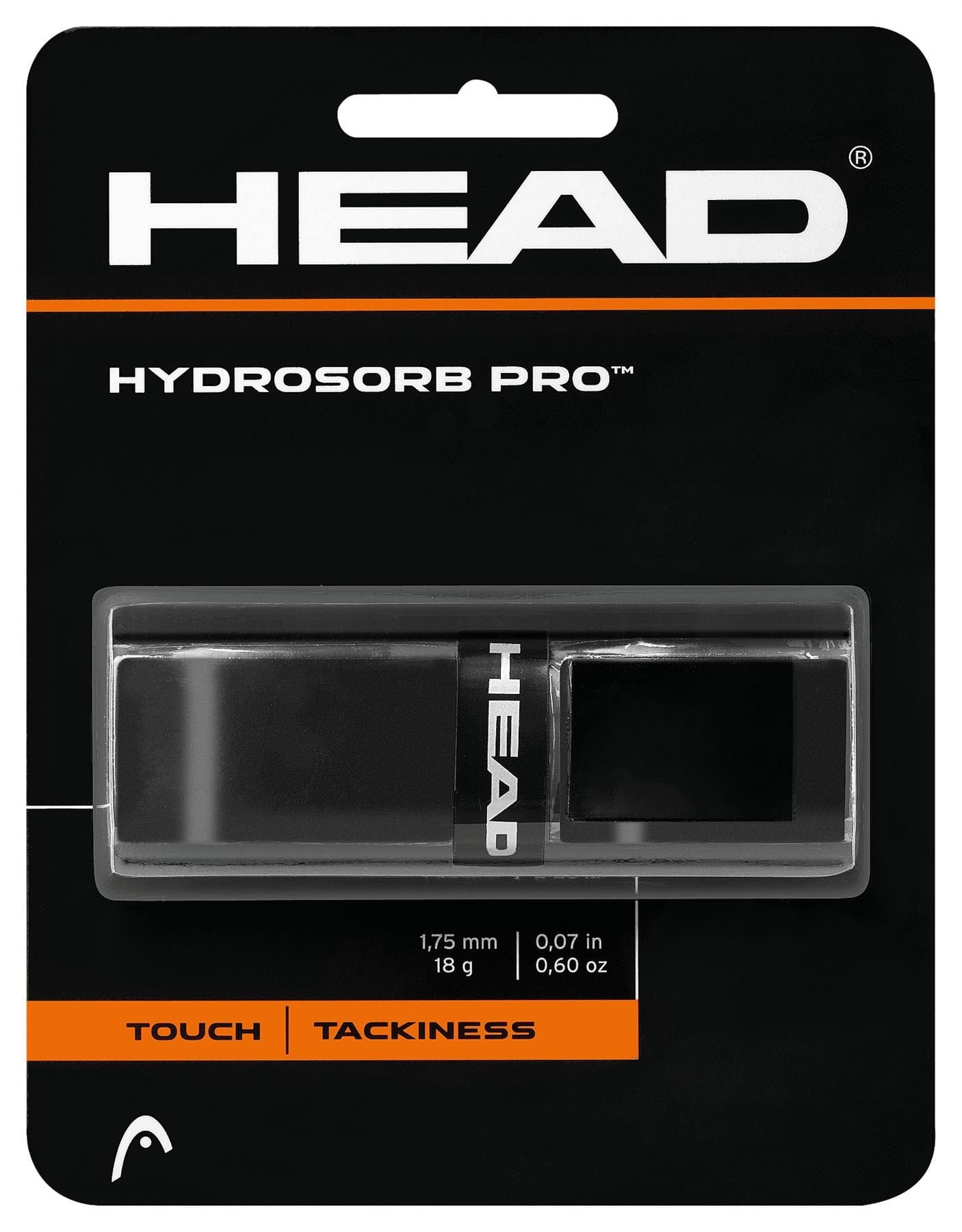 The packaging of the HEAD HydroSorb Pro Replacement Tennis Grip - Black highlights its elegant black design within a transparent plastic case. This tennis grip by HEAD focuses on "Touch" and "Tackiness," making it ideal for boosting your racket's performance.
