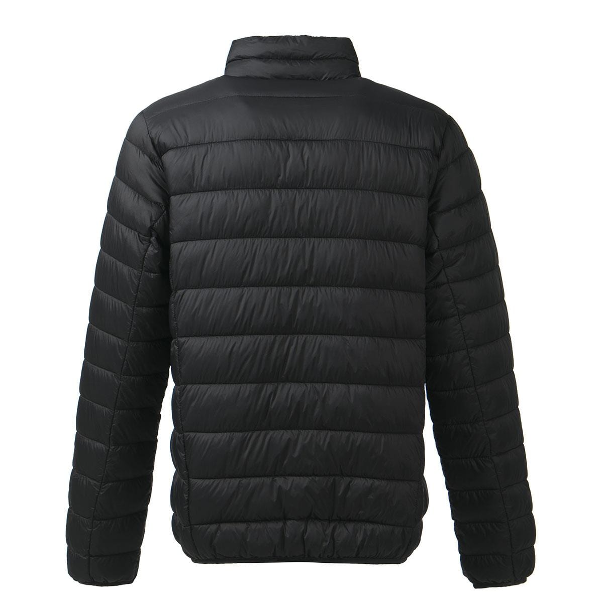 From the back, the black FZ Forza Sinos Pro-Lite Jacket showcases its quilted puffer design with horizontal stitching and a high collar. Filled with down padding, it is lightweight and ideal for cold weather.