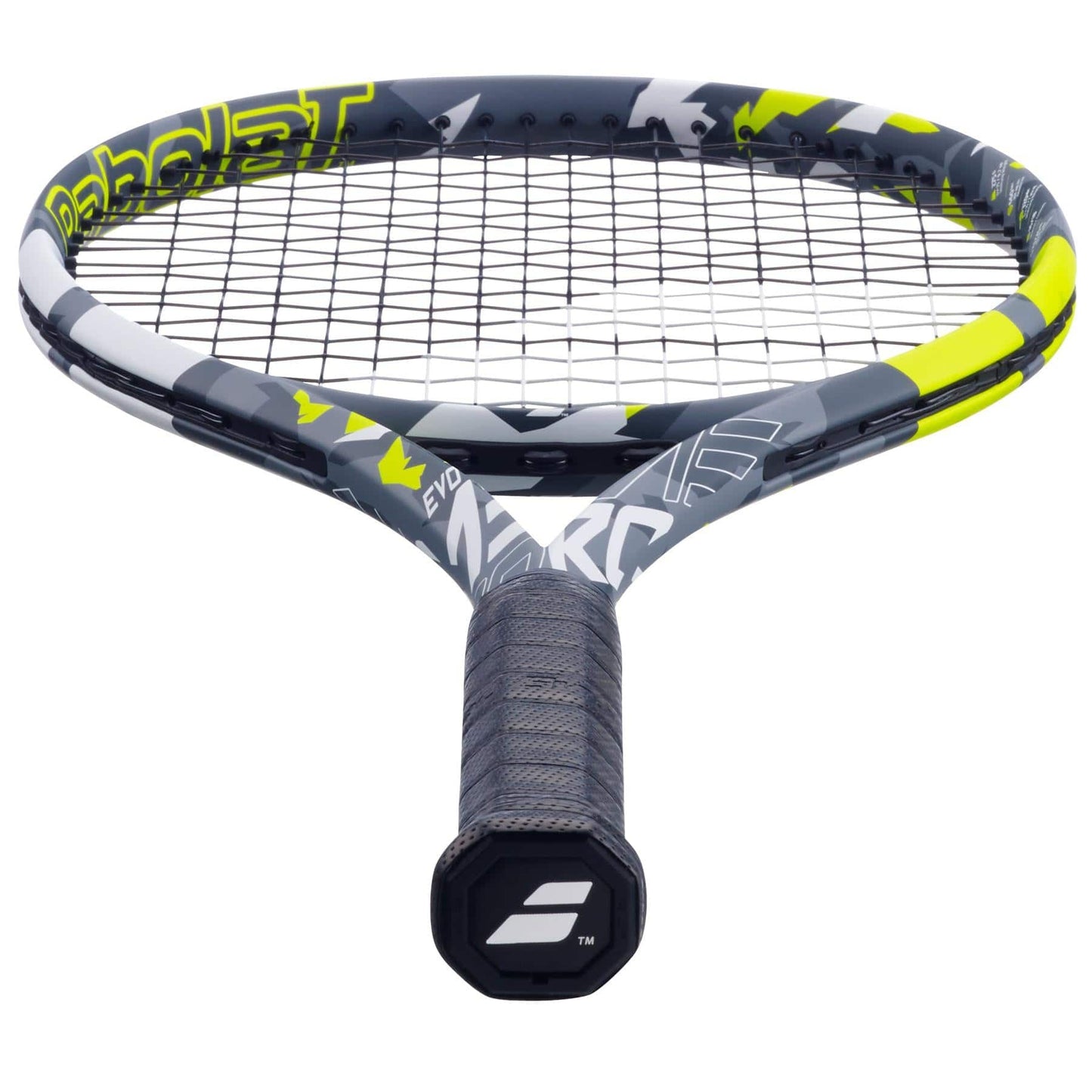 Here's a close-up of the Babolat EVO Aero Tennis Racket in grey and yellow, showcasing its modern design. The handle's end cap prominently displays the Babolat logo, while the frame is adorned with geometric patterns that optimize both power and comfort. The strings are tightly strung to enhance playability.