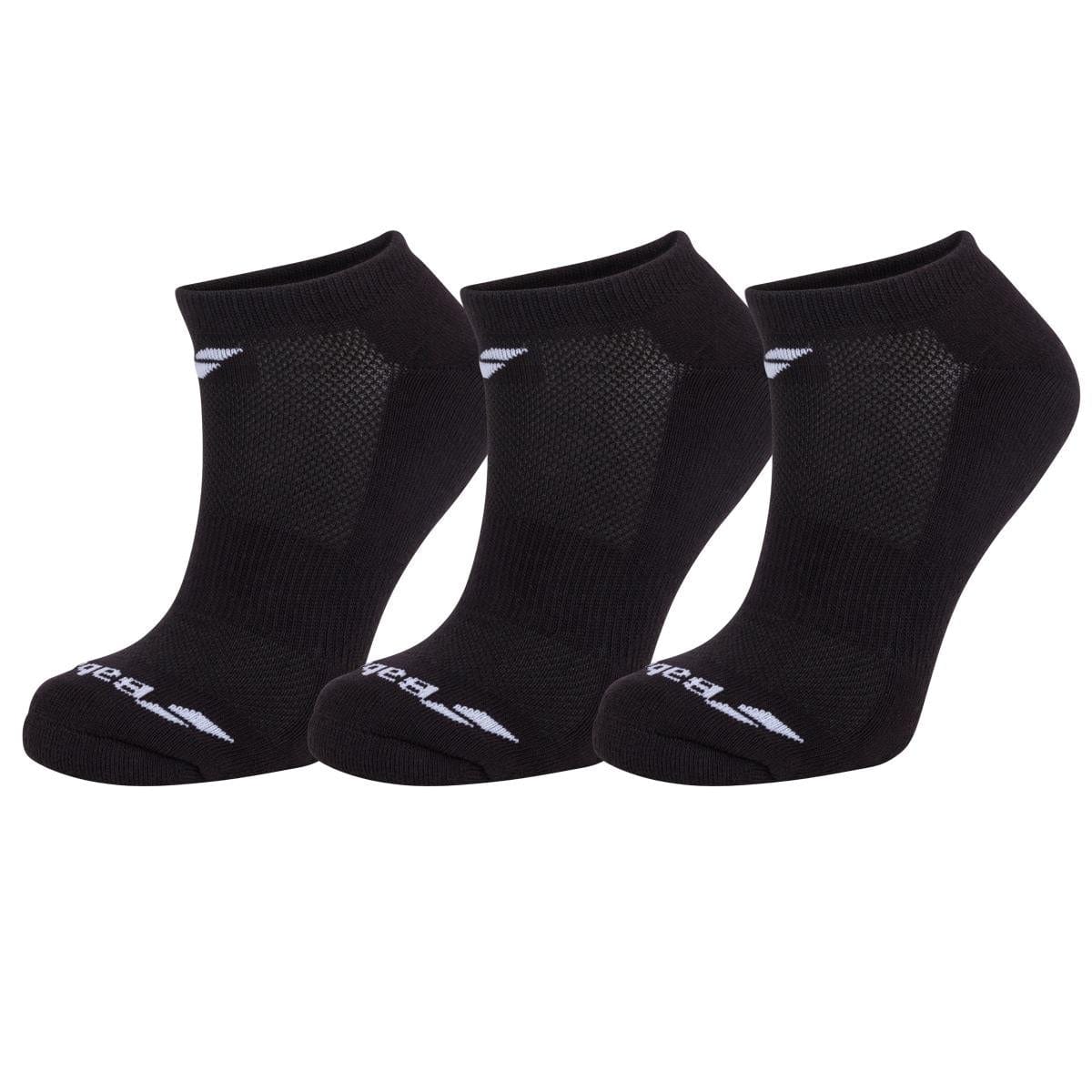 A set of three pairs of Babolat Invisible Trainer Socks in black, featuring ventilated zones and white logos on the cuffs and toes, is displayed in a row against a white background.