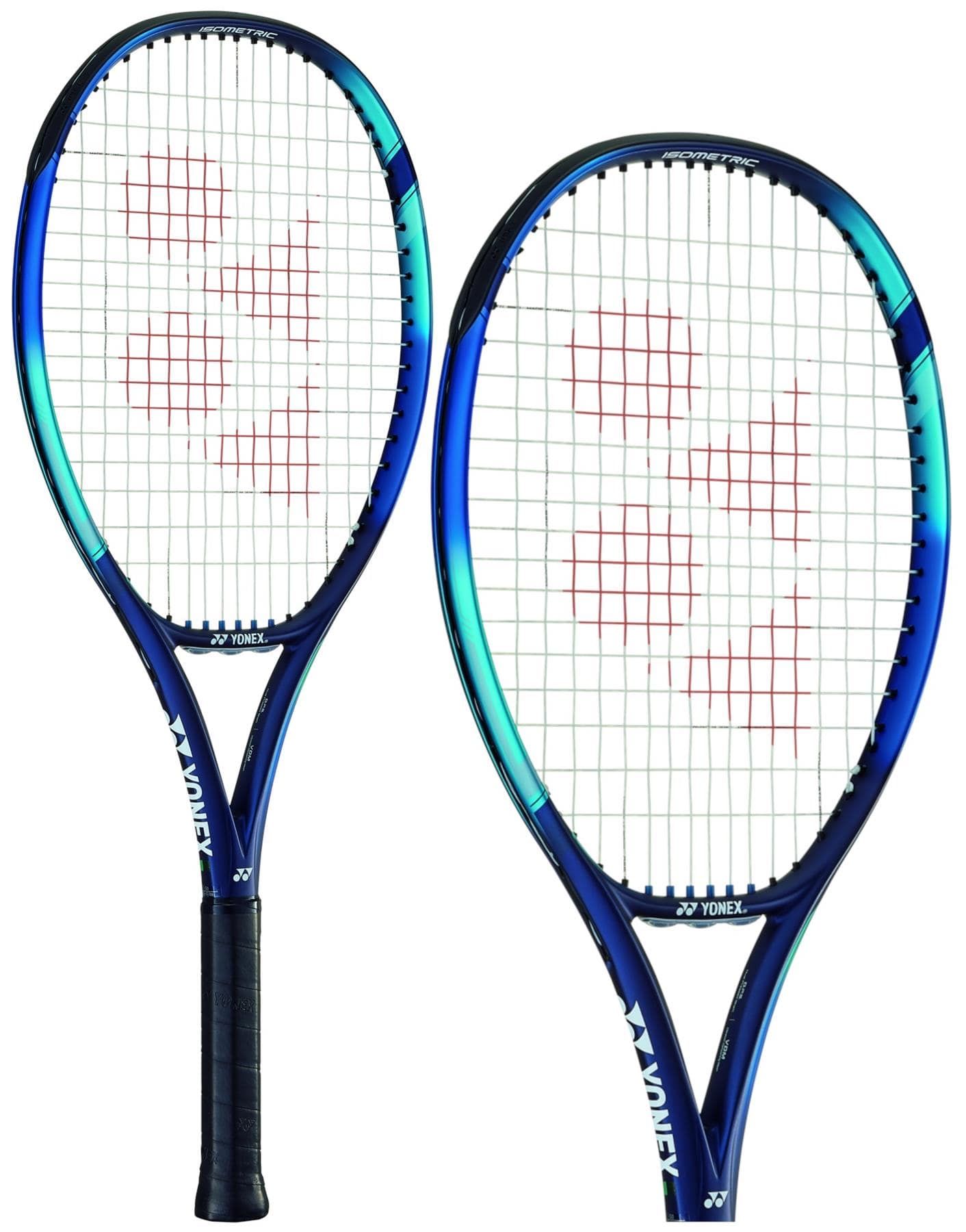 Two Yonex EZONE 26 tennis rackets in Sky Blue are displayed, showcasing a blue and green gradient on the all-graphite frame with white strings. The Yonex logo is prominently visible on both the strings and frame, enhanced with Vibration Dampening Mesh for increased comfort.