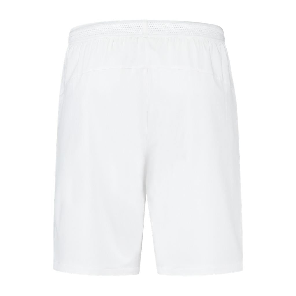Back view of K-Swiss Hypercourt Men's Tennis Shorts in white on a white background, showcasing an elastic waistband and a straightforward design. Crafted as versatile performance apparel, these shorts deliver both style and comfort.