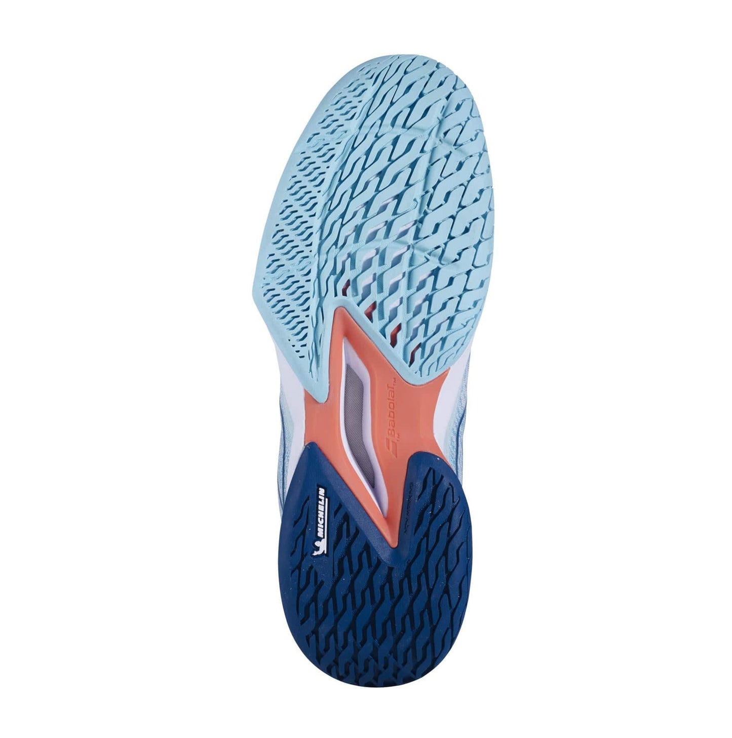 The image displays the outsole of a Babolat Jet Mach 3 All Court Women's Tennis Shoe in White and Angel Blue. The Michelin sole showcases a multicolored design with light blue, dark blue, and pink sections featuring a textured pattern for improved grip. A transparent section in the center reveals the shoe's support structure enhanced by Matryx technology.