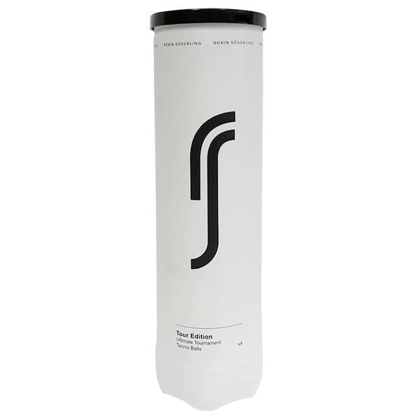 A cylindrical can of tennis balls featuring a minimalist black and white design prominently showcases the stylized "RS" logo, marking it as the Robin Soderling RS Tour Edition used for ATP event tennis balls. The label highlights Robin Soderling as a respected official supplier in the tennis ball industry.