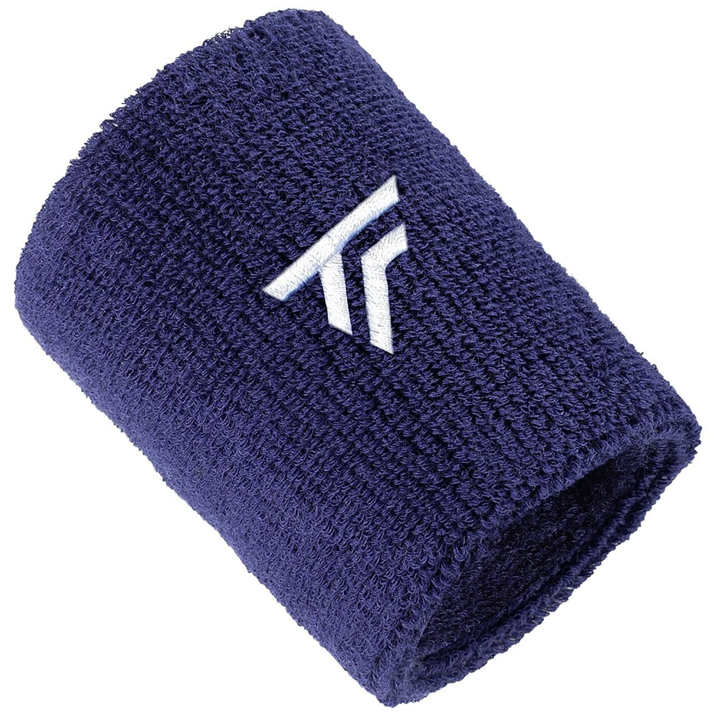 Displayed against a white background is the Tecnifibre Tennis Wristband Sweatband XL in a marine color. It features a stylized letter design with a white embroidered logo. The textured and soft material makes it an ideal choice for those seeking comfort and style.