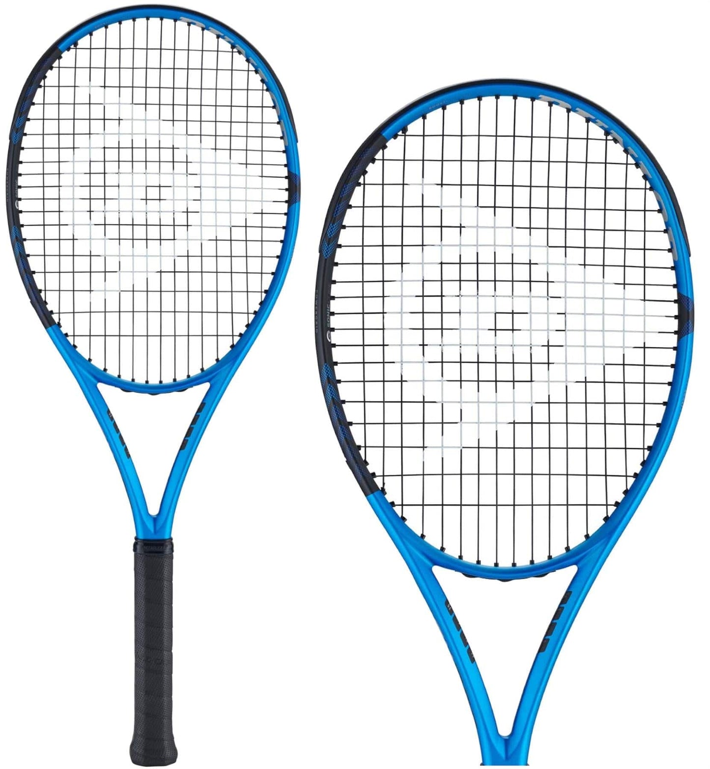 Two Dunlop FX 500 2023 tennis rackets, featuring a blue and black design with strings showcasing a white geometric logo, are displayed against a white background, promising an impressive power boost for every game.