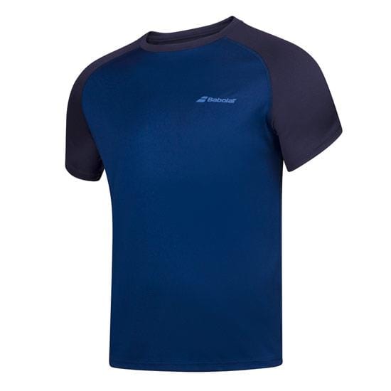 The Babolat Men's Play Crew Neck Tennis T-Shirt in Estate Blue is a short-sleeve sports shirt with a small logo on the chest. It features contrasting raglan sleeves and a Fibredry design for optimum comfort and performance on the court.