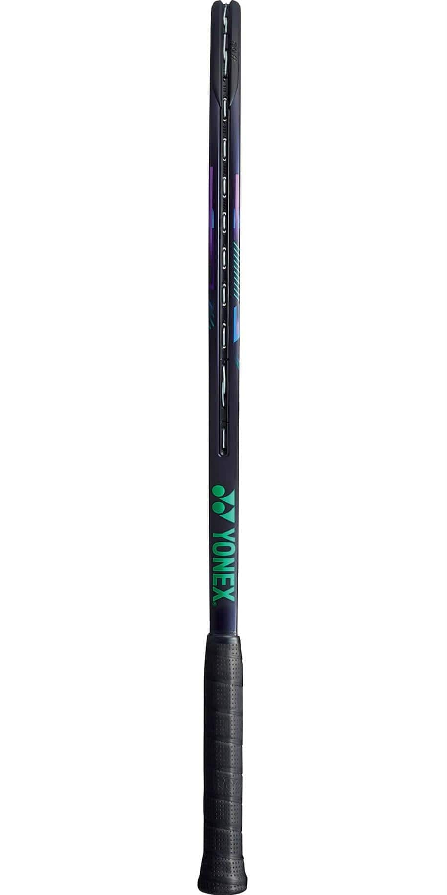 Side view of the Yonex VCORE Pro 100 Game Tennis Racket featuring a black grip and frame, ideal for intermediate players. The brand name "Yonex" is stylishly printed in green on the side of the frame. From this angle, the strings are not visible.