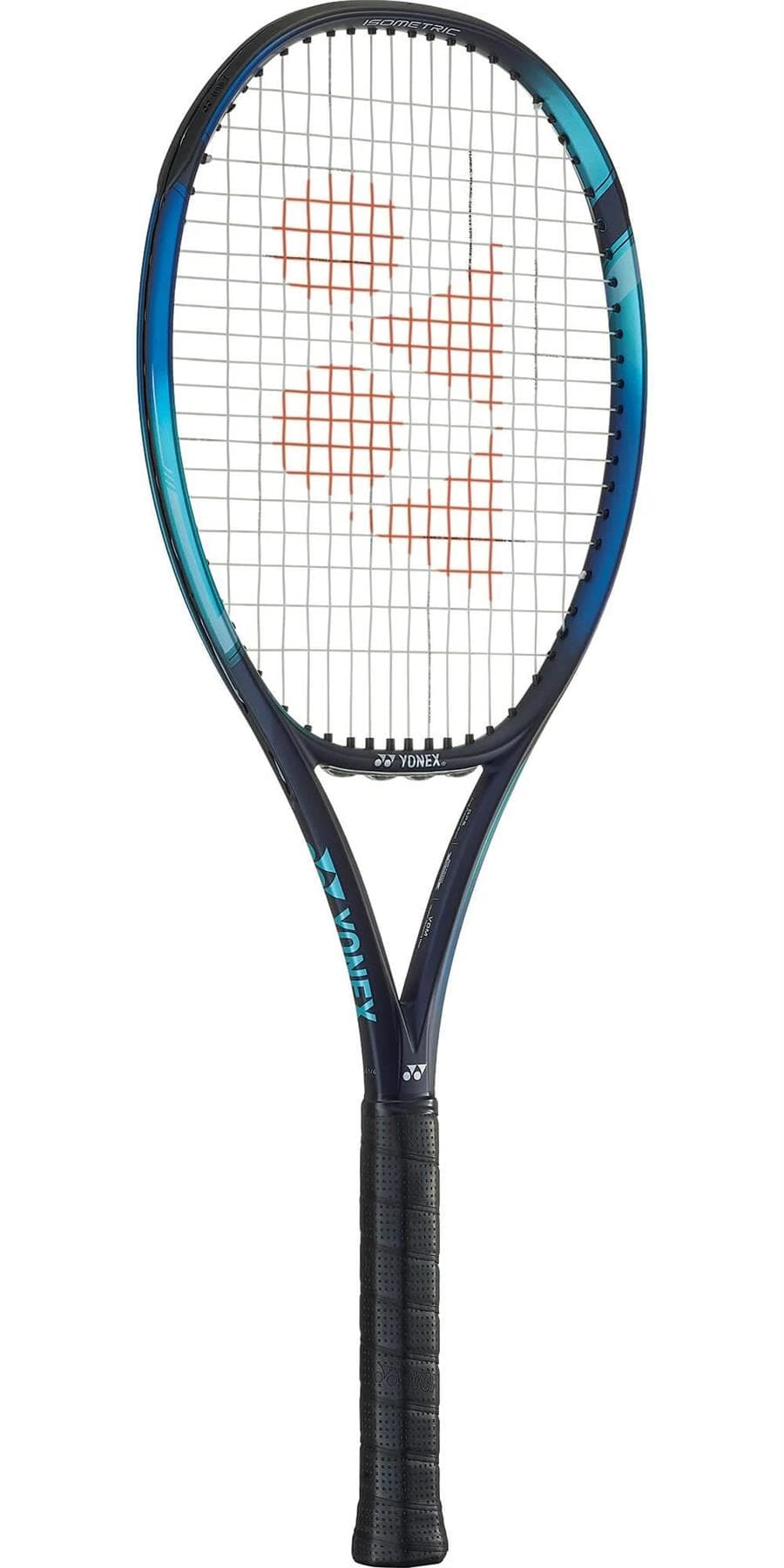 With a clean white background, the Sky Blue Yonex EZONE Game Tennis Racket showcases a black grip and an orange logo on the strings, making it ideal for beginner or intermediate players. Its innovative design incorporates Vibration Dampening Mesh for improved playability.
