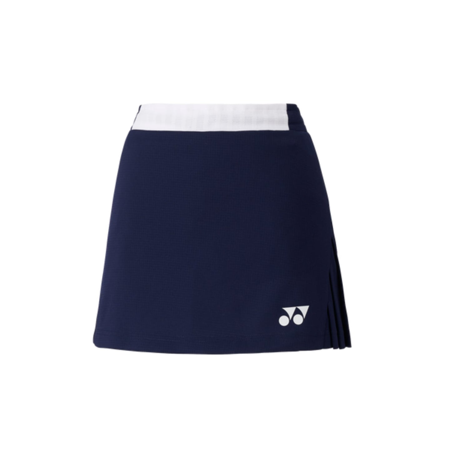 The Yonex 26094 Women's Skort in navy blue showcases a white waistband and a small logo on the bottom left. It includes gentle pleating on one side and utilizes VERY COOL TECHNOLOGY for improved comfort.