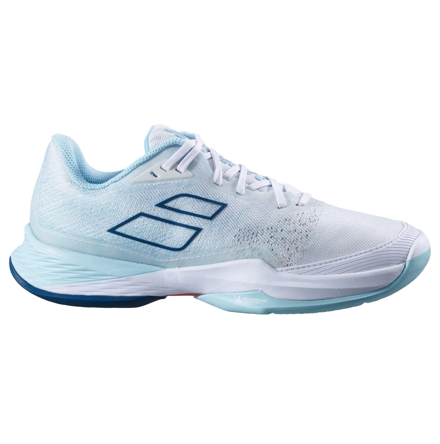 The Babolat Jet Mach 3 All Court Women's Tennis Shoes in White and Angel Blue boast a streamlined low-cut design with a textured upper and two blue stripes on the side. These athletic sneakers offer Matryx technology for added support, while the cushioned Michelin sole enhances durability.
