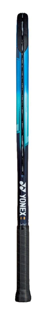 A Yonex EZONE 26 Tennis Racket in Sky Blue and black is positioned vertically against a plain backdrop, highlighting its textured grip handle and sleek design. The frame discreetly features Vibration Dampening Mesh for improved playability.