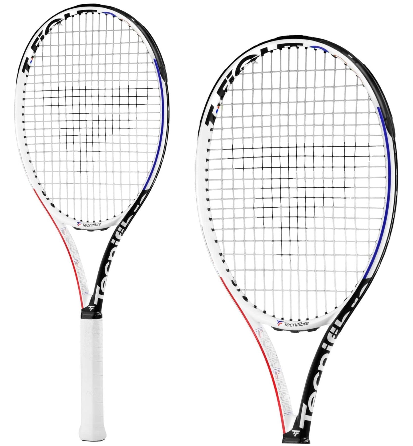 The Tecnifibre T-Fight 300 RS tennis rackets, featuring black and white frames, are ideal for intermediate to advanced players. Positioned upright against a white background, each frame prominently displays the "Tecnifibre" brand name.