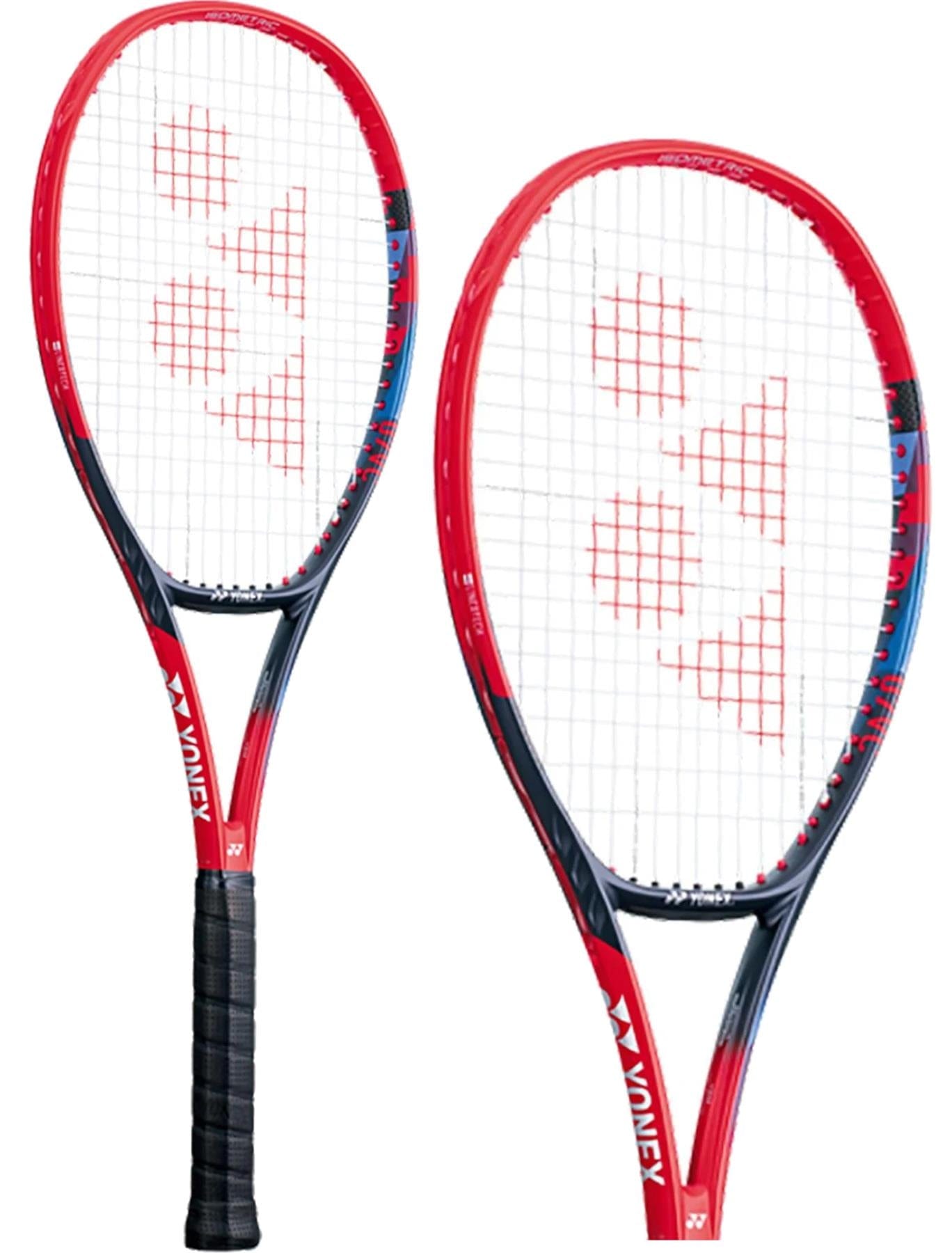 The two Scarlet Yonex VCORE 95 2023 tennis rackets, outfitted with white strings and branded with a logo on them, are tailored for advanced players prioritizing spin and speed. They are displayed side by side, highlighting both the front and angled perspectives, complete with Yonex branding on the frame.