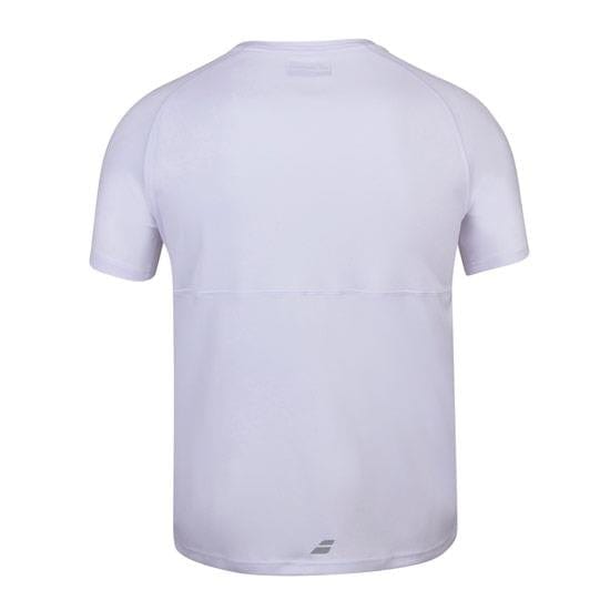 Back view of a plain white Babolat Men's Play Crew Neck Tennis T-Shirt. Crafted from lightweight Fiber Dry-polyester fabric, it offers a smooth texture ideal for casual use or tennis, with a small logo near the lower hem.
