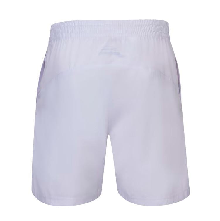 The Babolat Play Men's Tennis Shorts in white feature an elastic waistband and convenient side pockets when viewed from the back. With Fiberdry technology, these shorts offer moisture-wicking comfort for optimal performance on the court.