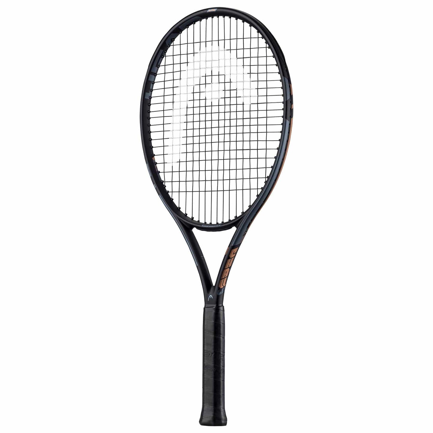 The HEAD IG Challenge Lite Tennis Racket in copper, designed with beginner players in mind, features a sleek logo on its strings. Made with durable graphite and wrapped in black material for a comfortable grip, this racket is elegantly displayed against a plain white background.