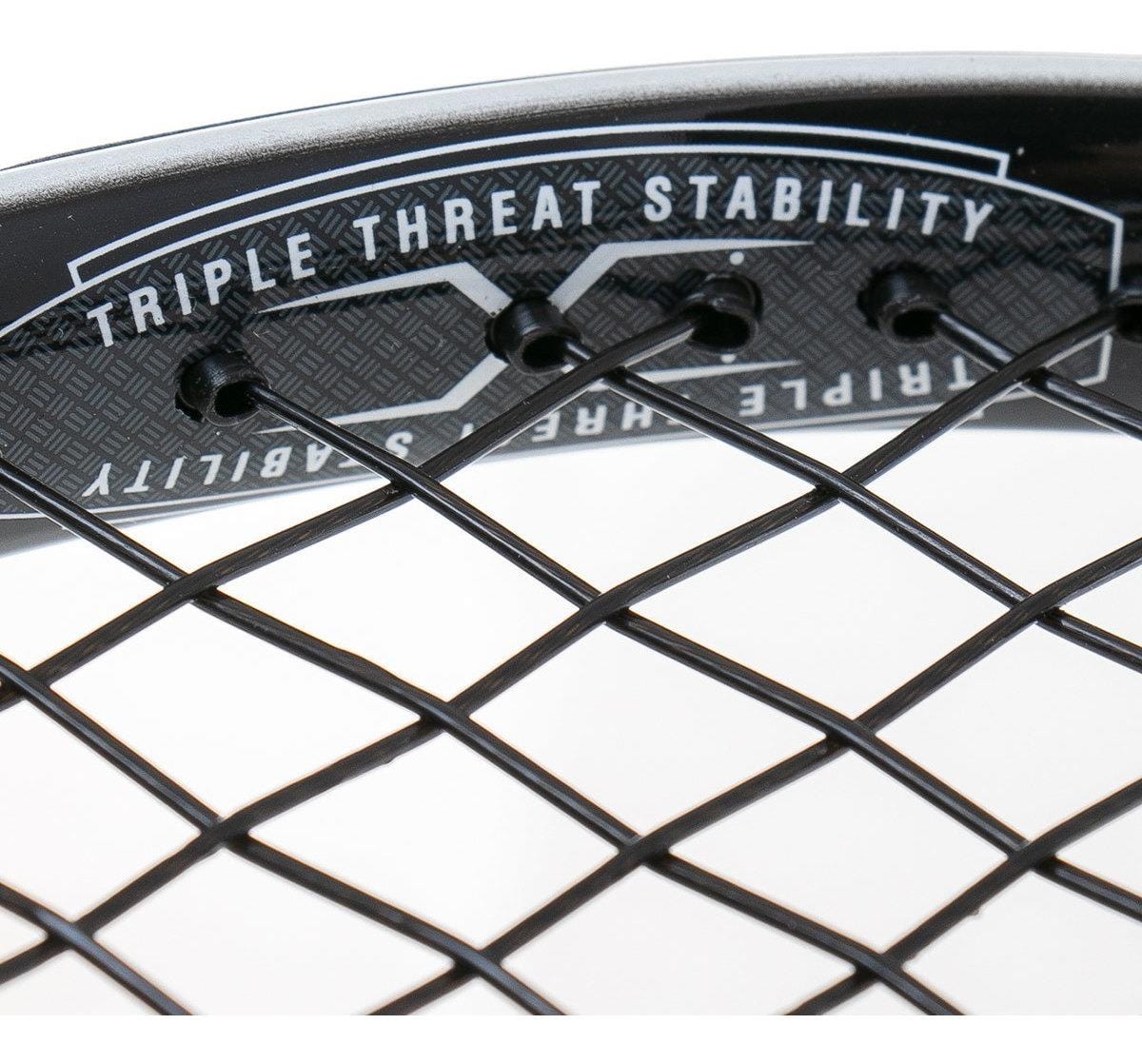 Close-up of the Prince Thunder Dome 100 Tennis Racket - White highlighting "Triple Threat Stability" on the frame, emphasizing its head-light balance. The strings and part of the racket head are visible, ensuring a light feel for optimal performance.