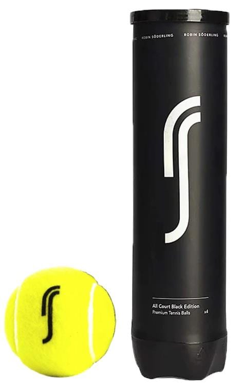 A tube of Robin Soderling RS Black Edition Tennis Balls stands upright next to a single bright yellow ball, both prominently displaying the Robin Soderling logo. As an official tennis ball supplier for ATP events, the black tube features sleek white text and a minimalist design.