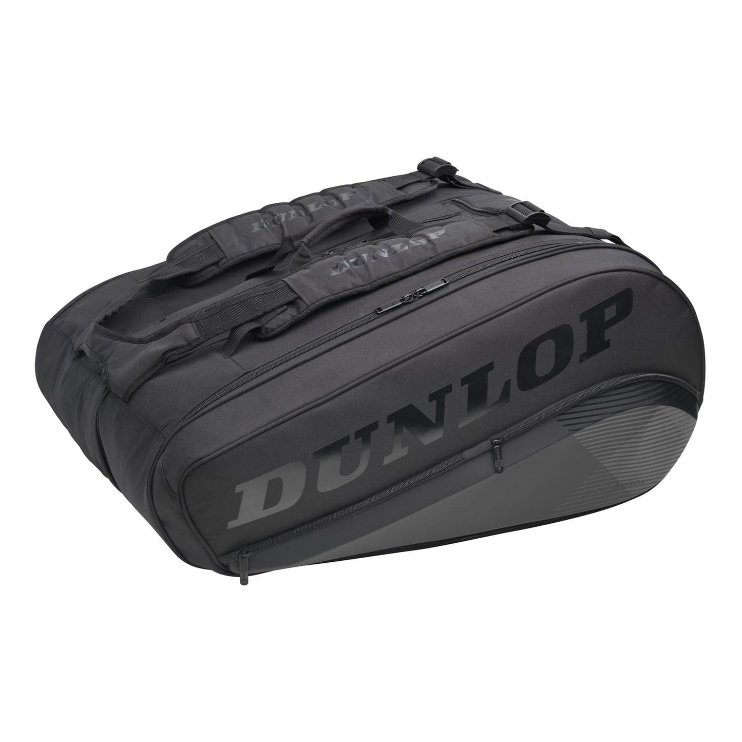 The Dunlop CX Performance 12 Racket Thermo Tennis Bag in Black includes several compartments to hold up to 12 rackets. It features robust zippers and a subtle patterned design, complemented by a prominent gray Dunlop logo. Adjustable shoulder straps enhance its convenience for carrying your tennis equipment.