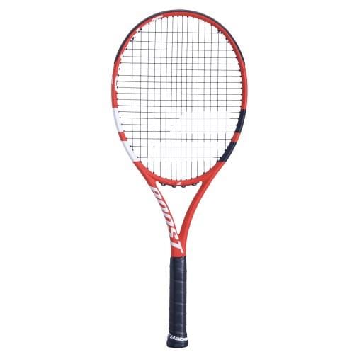 The Babolat Boost Strike Tennis Racket - Red Black White (Strung) by Babolat showcases a striking design with its red and black colors complemented by a white logo on both the strings and frame. Made from graphite construction, it delivers exceptional performance and makes an elegant statement against a plain white background.