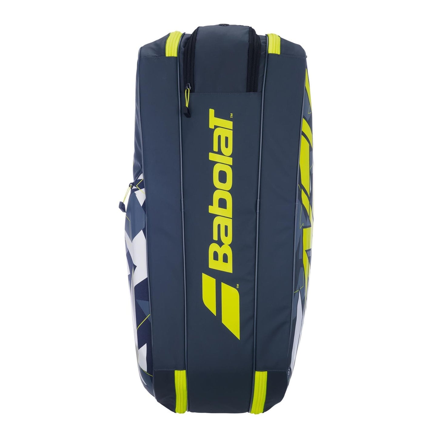The Babolat RHX6 Pure Aero Tennis Racket Bag in grey and yellow showcases an ergonomic design, providing ample space and style for any tennis enthusiast.
