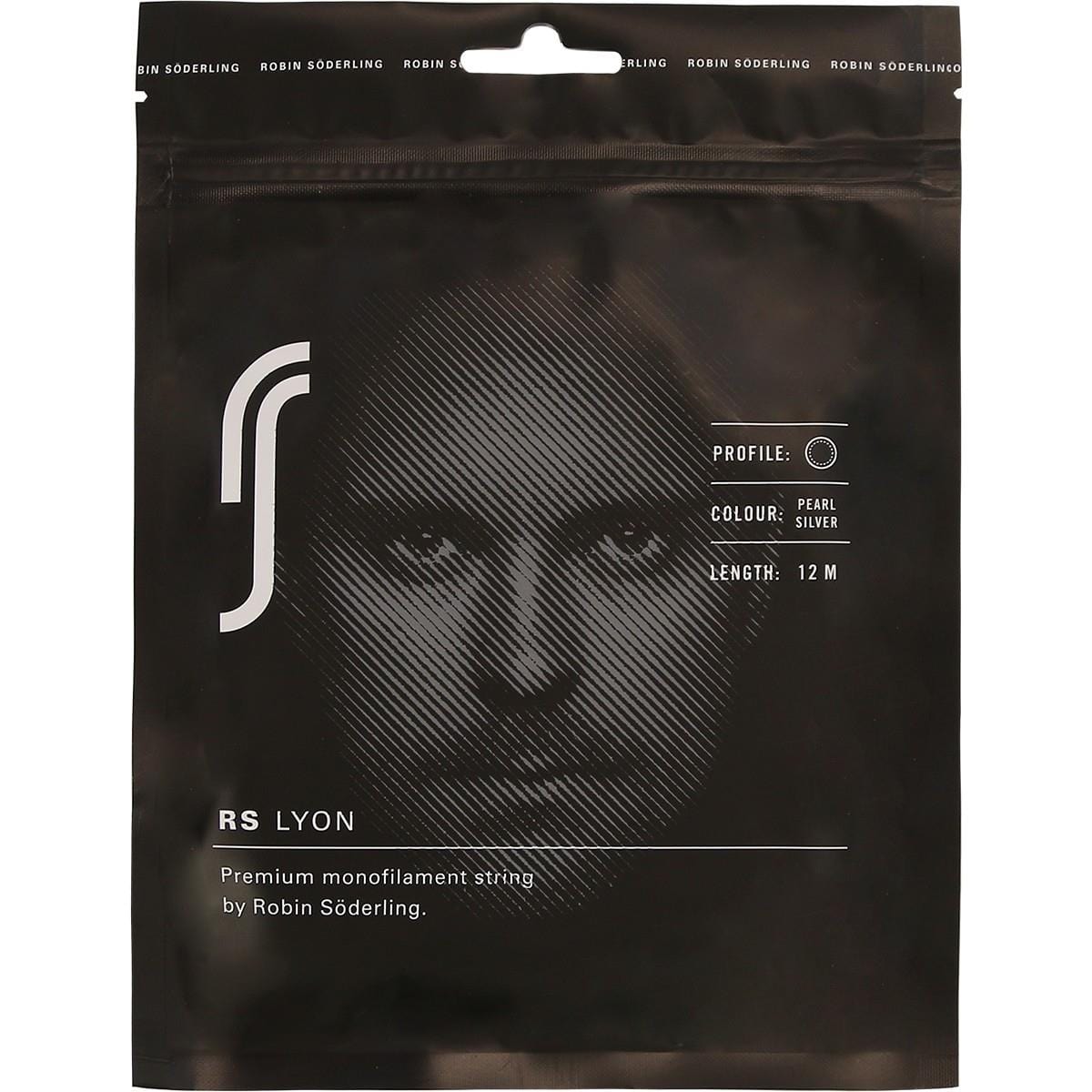 The Robin Soderling RS Lyon Tennis String 12m Set - Silver is presented in sleek black packaging with a grayscale face design. Made from high-performance co-poly material, it boasts details such as "Profile: 1.25mm," "Colour: Pearl Silver," and "Length: 12m," which contribute to better tension maintenance for enhanced gameplay.