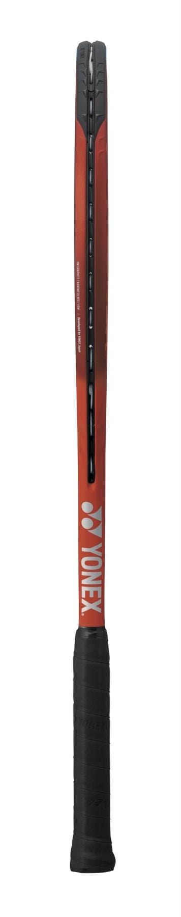 Side view of the Yonex VCORE Feel Tennis Racket in Tango Red, featuring a black grip, highlighting the frame and strings, and designed with spin technology.