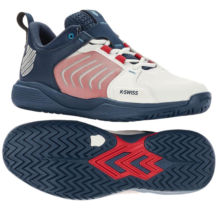 Explore the K-Swiss Ultrashot Team Men's Tennis Shoes, featuring a stylish white, blue opal, and lollipop color scheme. Designed for superior grip with its patterned sole, these shoes offer breathable mesh details and proudly display the iconic K-Swiss logo on the side.