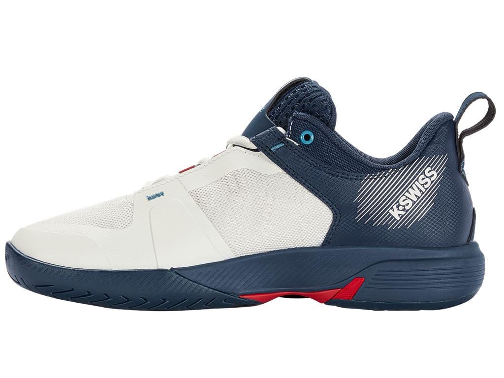 The K-Swiss Ultrashot Team Men's Tennis Shoes, in a White, Blue Opal, and Lollipop colorway, showcase a low-top design. They include a textured sole for improved on-court performance, a handy pull tab at the heel, and prominently display the iconic "K-Swiss" brand name on the side.