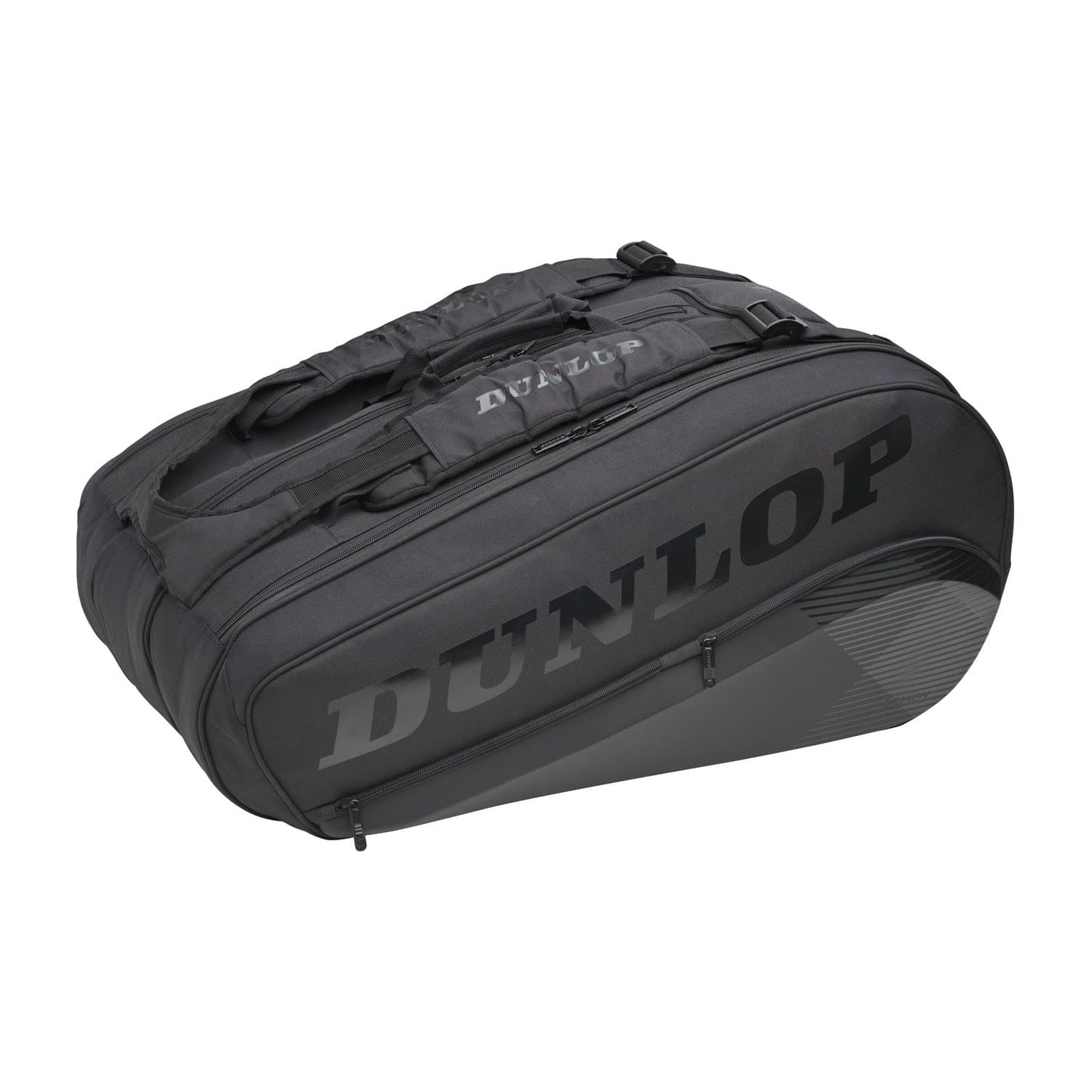 The Dunlop CX Performance 8 Racket Thermo Tennis Bag in black offers multiple zippers and compartments and features ergonomic shoulder straps. The brand name "DUNLOP" is prominently printed on the side in bold letters.