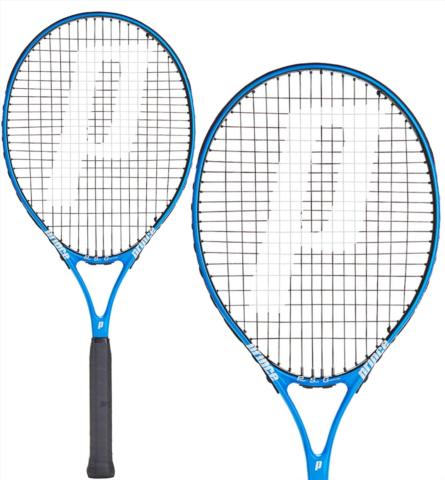 A pair of Prince Thunder 26 Junior Tennis Rackets, featuring blue frames and black grips, are positioned upright. These rackets from Prince are crafted with a lightweight frame for junior players and display a string pattern forming a large "P" on the faces, angled slightly outward.