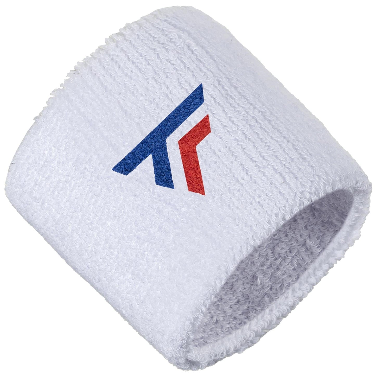The Tecnifibre Tennis Wristband Sweatband 2 Pack in White, by the brand Tecnifibre, is crafted from soft cotton fabric and adorned with a stylized logo featuring blue and red diagonal stripes, making it ideal for absorbing sweat during intense matches.
