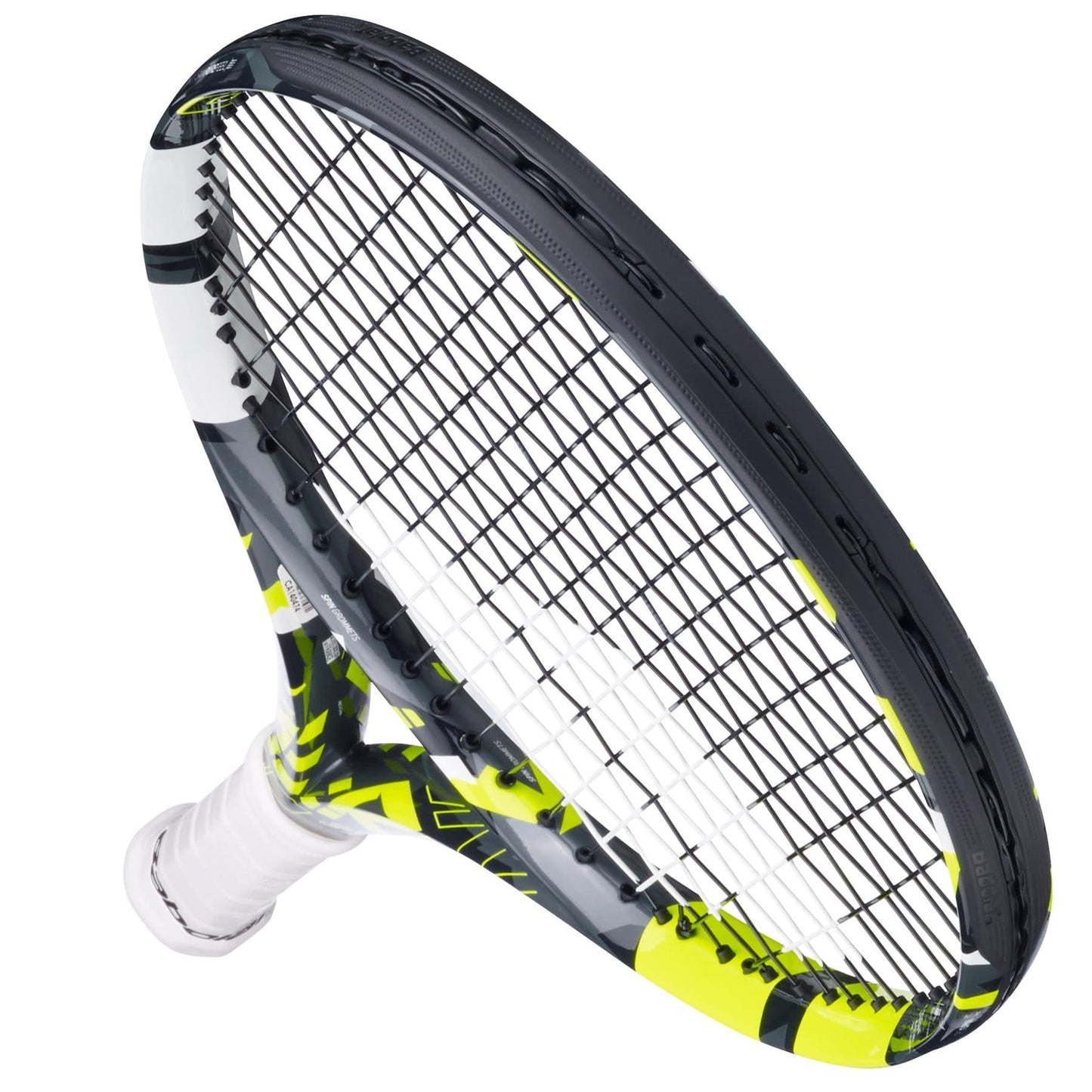 A close-up view of a Babolat Pure Aero Junior 26 tennis racket in grey and yellow, highlighting its strings and white-wrapped handle. The aerodynamic frame offers a vibrant design, ensuring optimal grip.