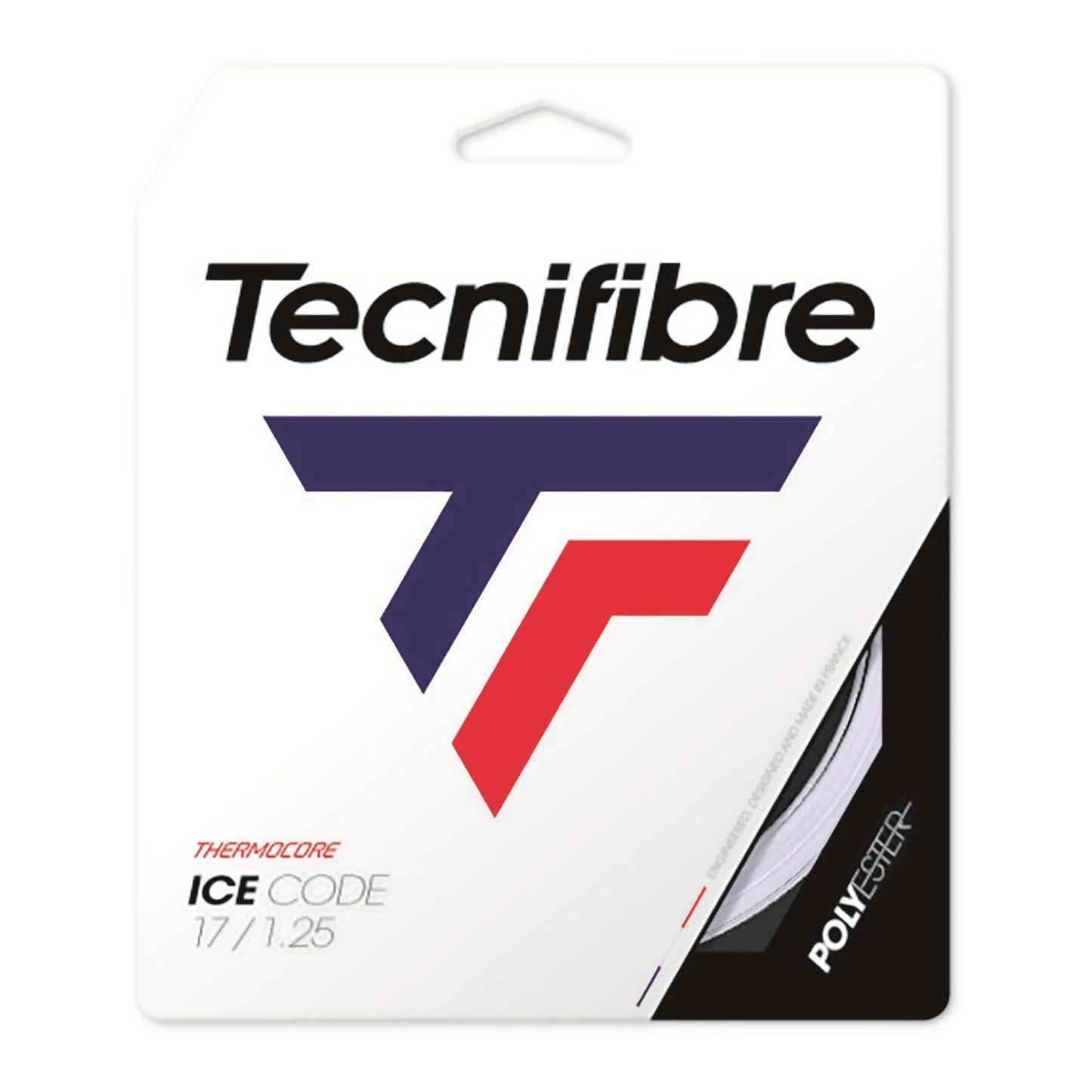The packaging for the Tecnifibre Ice Code 12m Tennis String Set - White features their cutting-edge Thermocore Technology and prominently displays the brand's distinctive blue and red logo, along with a transparent section that highlights the string's immaculate white color.