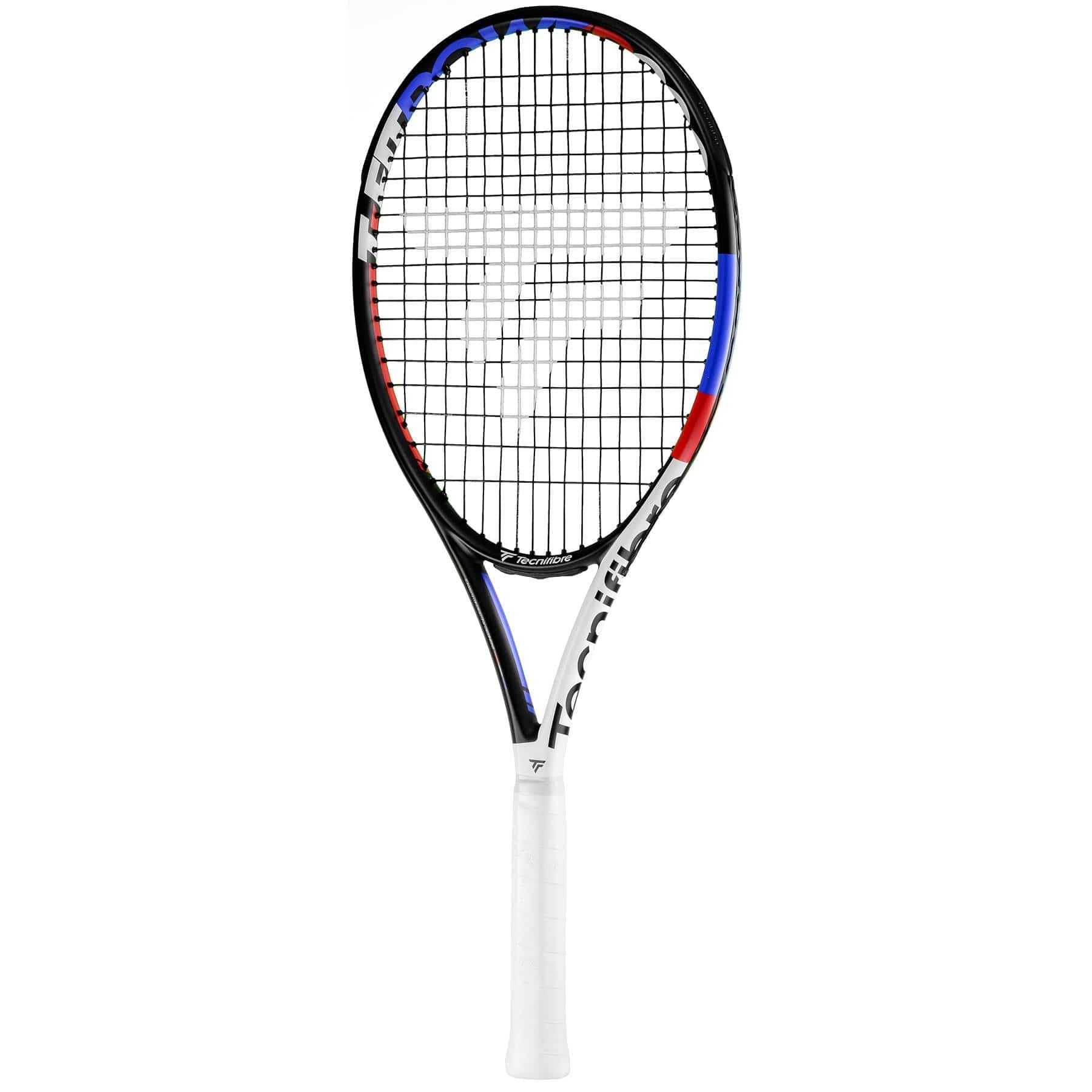 The Tecnifibre TFit 280 Power 2021 Tennis Racket, perfect for intermediate players, features a white grip and strings complemented by a black frame with red and blue accents. This racket delivers an affordable mix of power and control, ideal for improving your game.