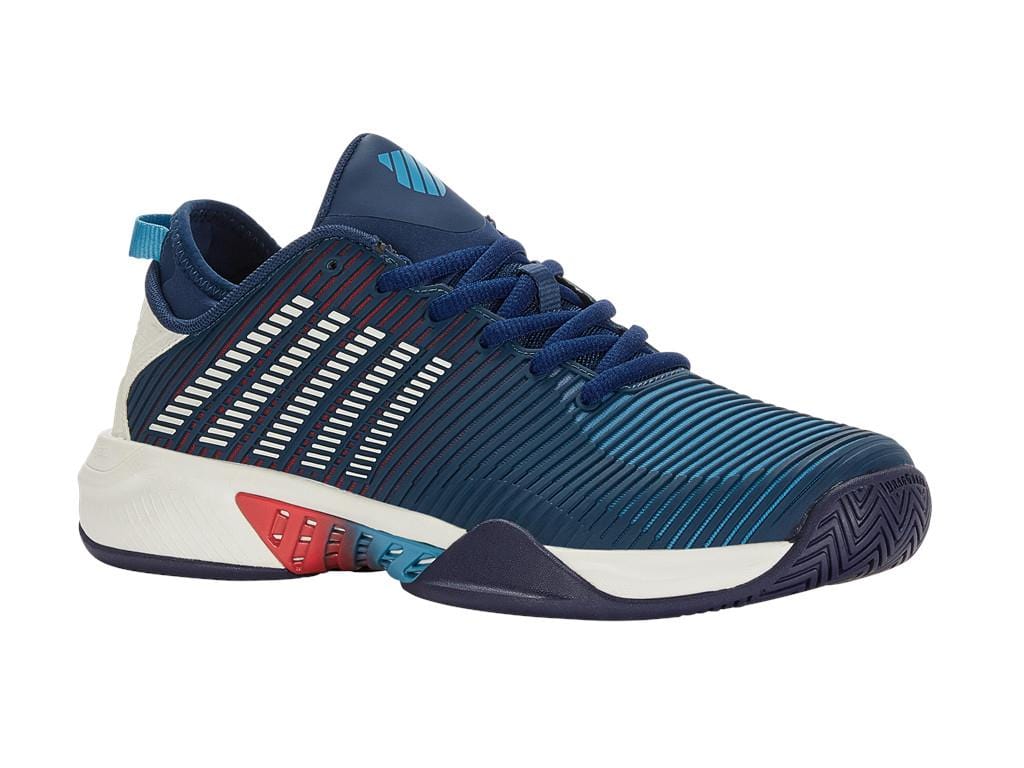 The K-Swiss Hypercourt Supreme men's tennis shoes in Blue Opal, White, and Lollipop showcase a low-top design with a sleek, modern style. They feature a striped pattern with red and light blue accents and are equipped with DragGuard 7.0 technology for enhanced grip via their textured outsole.