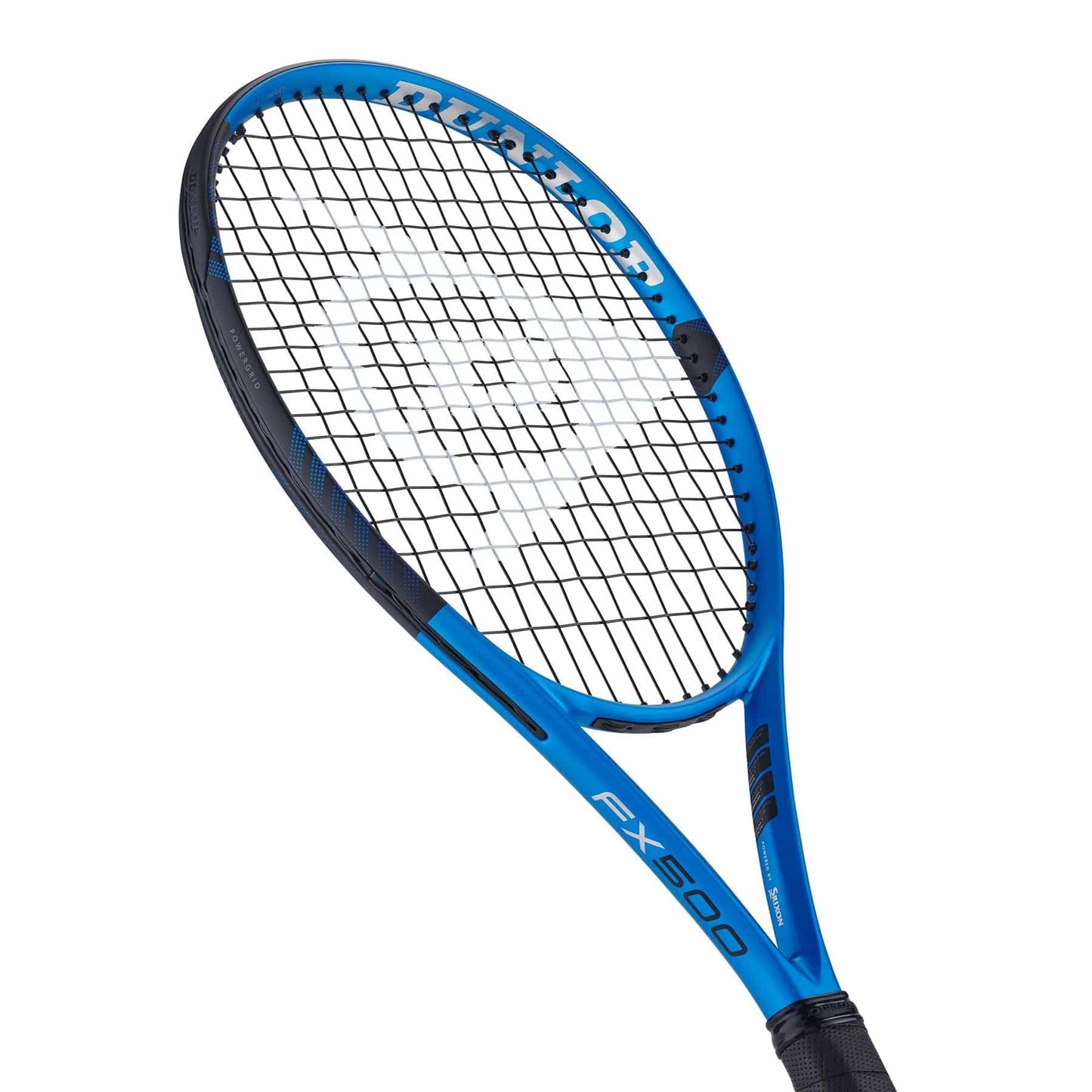 The Dunlop FX 500 2023 Tennis Racket, featuring a stylish blue and black design, prominently showcases the Dunlop brand along its frame. It incorporates Power Boost technology for an optimal string pattern, while its black grip offers improved control. The model name "FX 500" is distinctly displayed on the side.