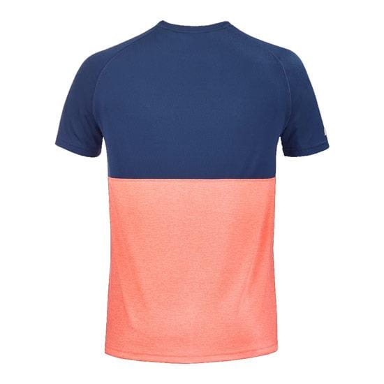 The Babolat Men's Play Crew Neck Tennis T-Shirt, in a chic Fluo Strike and Estate Blue color combination, showcases a two-tone design with estate blue on the upper section and coral pink on the lower section from the back view. Made with Fibredry fabric, it provides excellent breathability and comfort during matches.