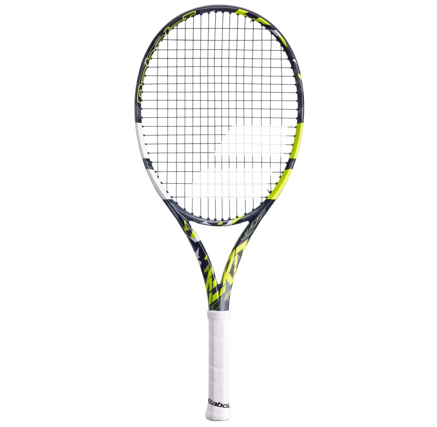 An image of the Babolat Pure Aero Junior 26 Tennis Racket, from the renowned brand Babolat, showcases its sleek grey and yellow aerodynamic frame with a set of white strings. The handle is finished with a white grip, highlighting its advanced spin technology.