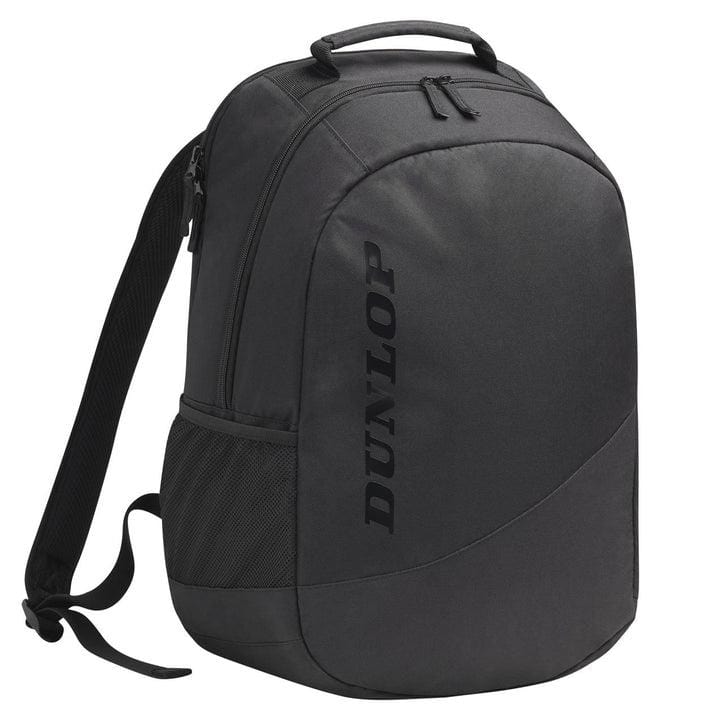 Introducing the Dunlop CX Club Tennis Backpack in black, featuring a sleek, minimalist design. It is equipped with a top handle, ergonomic shoulder straps, and a side pocket for added convenience. The brand name is printed vertically on the front, making it perfect for carrying your rackets in style.