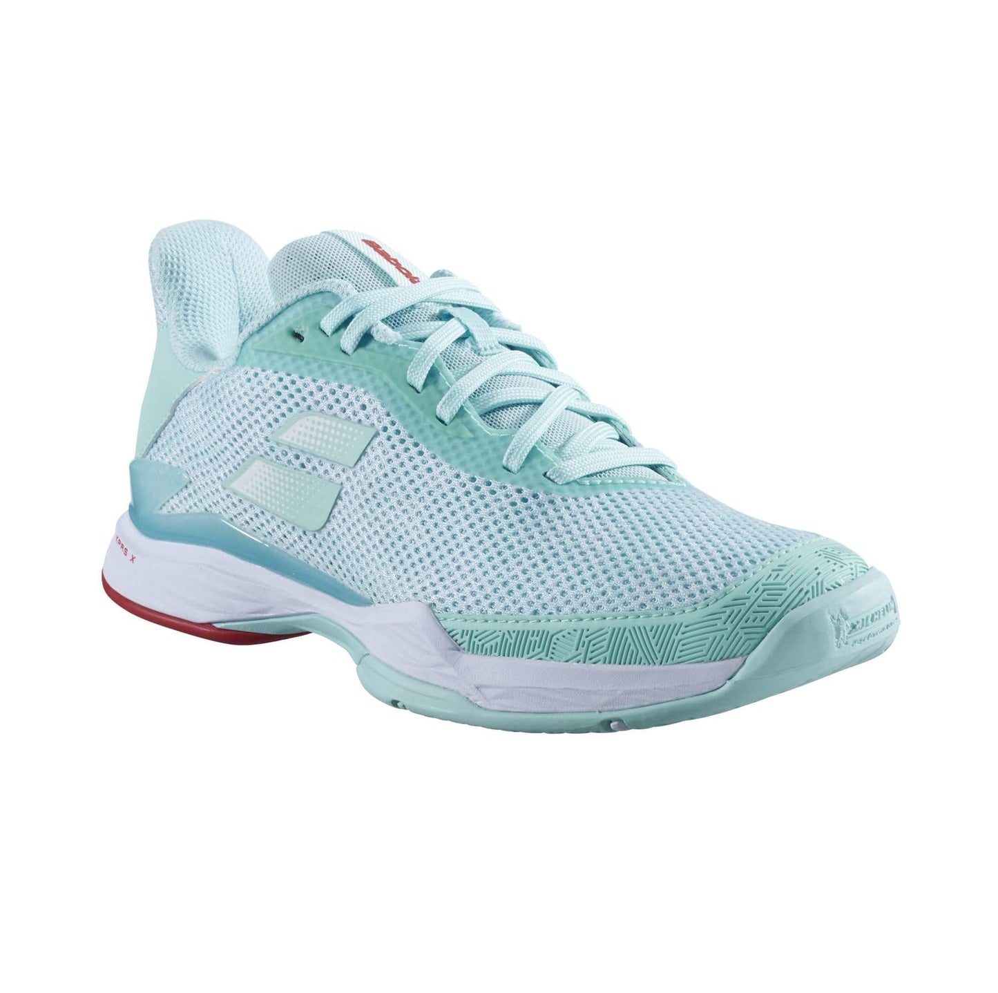 The Babolat Jet Tere All Court Women's Tennis Shoes in Yucca/White boast a mesh upper and white sole. With a patterned toe cap, understated branding, and the KPRS-X System for improved cushioning, these shoes are designed with light blue laces and a low collar to enhance on-court agility.