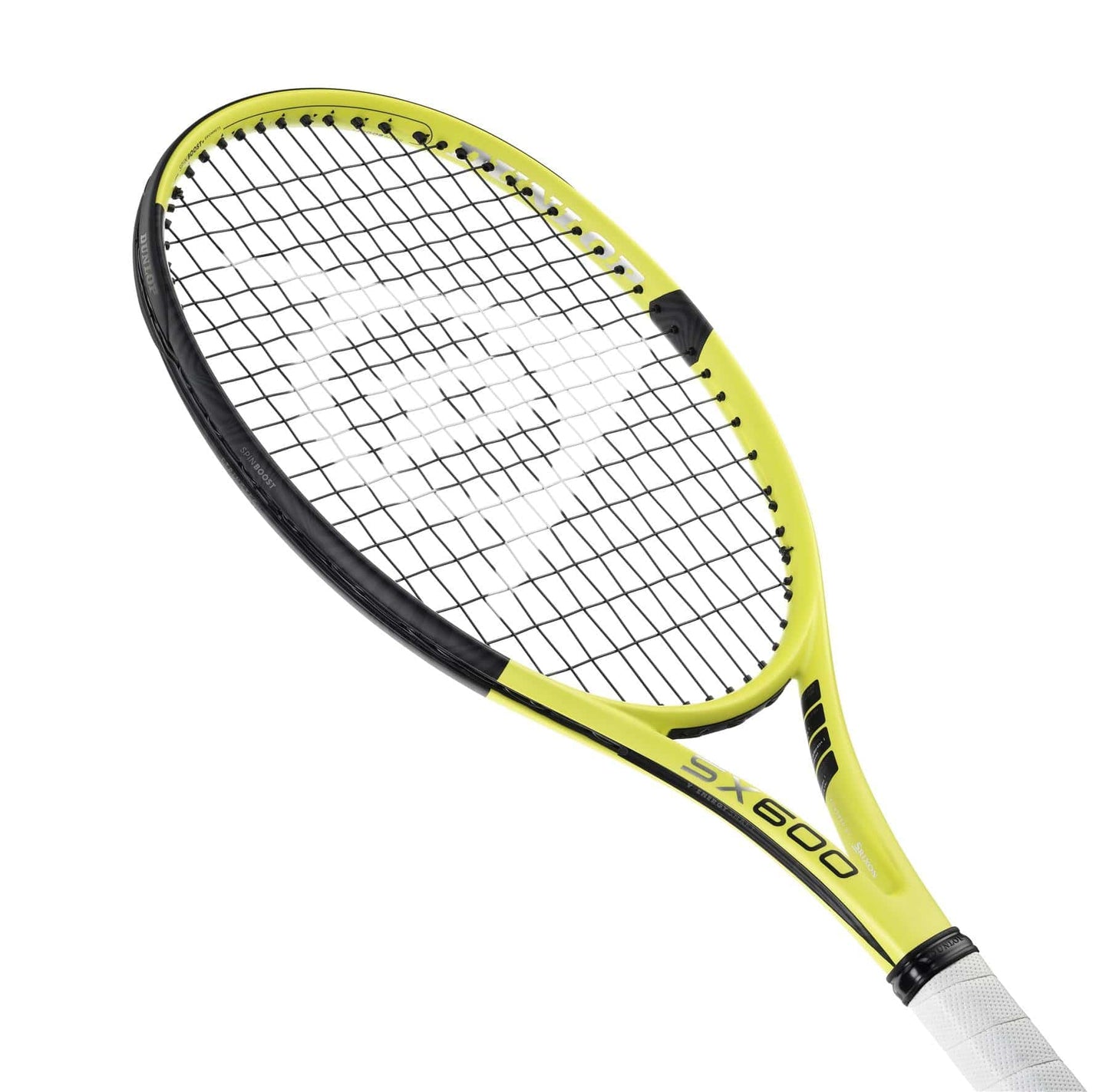 The Dunlop SX 600 Tennis Racket - Yellow / Black (Frame Only) showcases a striking yellow and black design with "SX 600" prominently featured on the V-Energy Shaft. It is equipped with a white grip, a standard string pattern, and Spin Boost+ Grommets for enhanced performance.